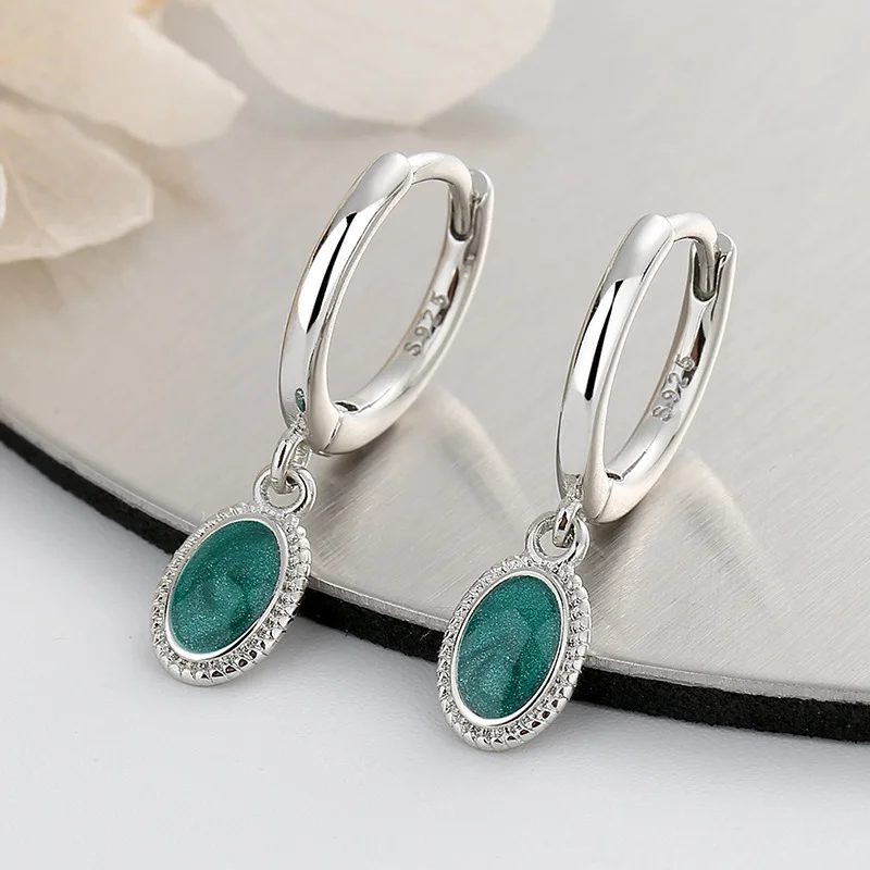 Korean 925 Sterling Silver Green Enamel Hoop Earrings for Women Girls Piercing Jewelry Women's Party Wedding Pendiente