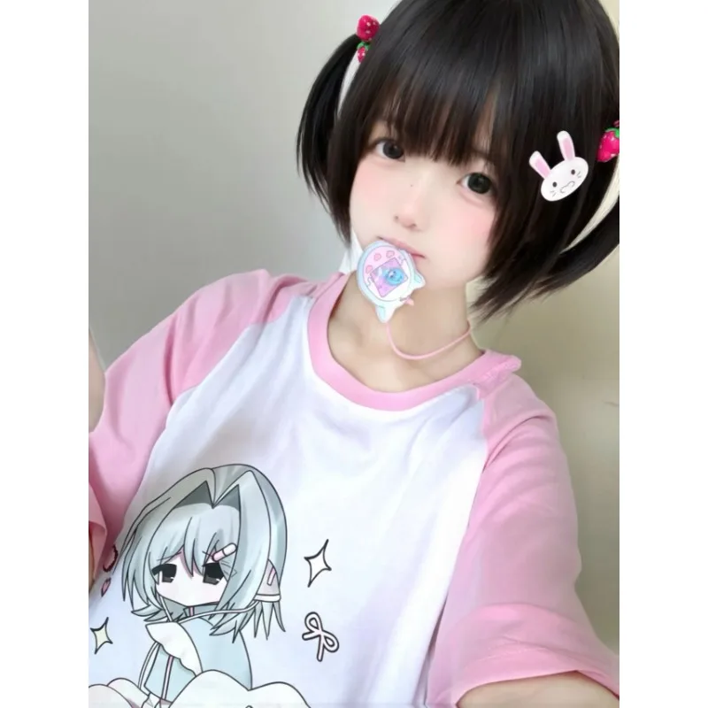 

Japanese Kawaii Cartoon Print T-shirt Subculture Pink Patchwork Sleeve Tees Women Cute Sweet Harajuku T Shirts Loose Casual Tops