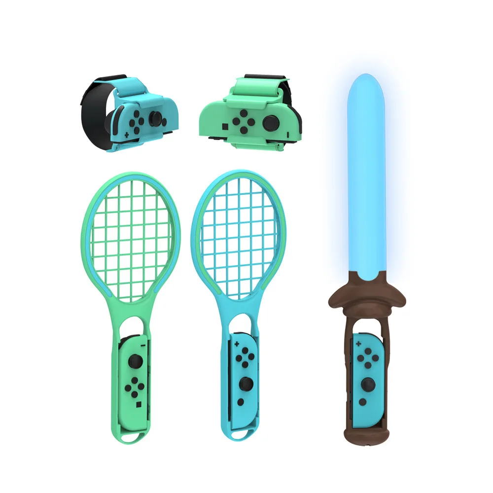 For Switch Handle Body Photosensitive Sword + Sports strap + Tennis racket + Wristband 7 in 1 Sports Set