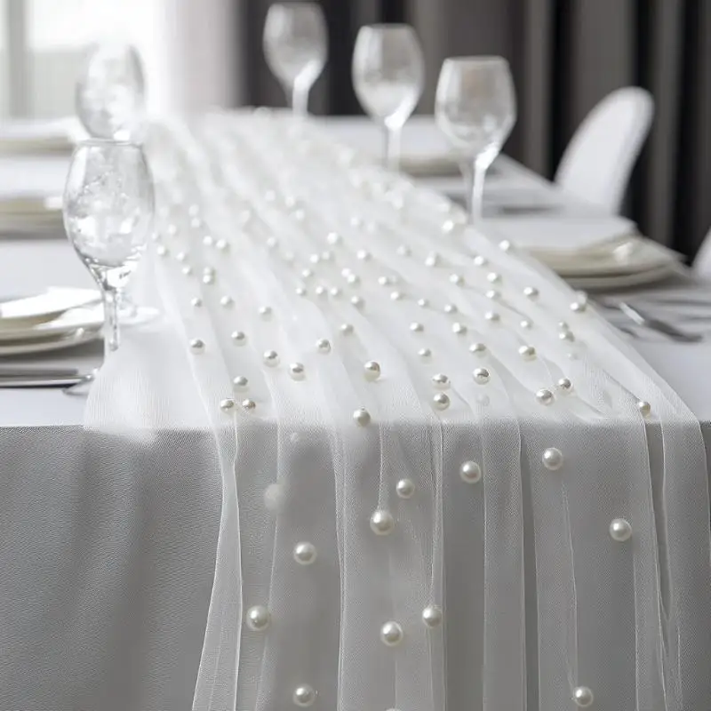 2026 New 80x200cm Pearl Gauze Decorate Table Flag Beaded Net Gauze Wedding Table Flag Curtain Party Tablecloth Background Decor
