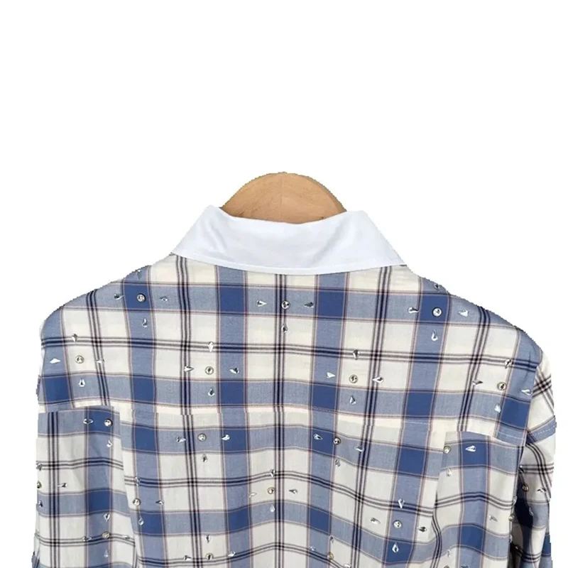 Women's 100% Cotton Plaid Shirt, Rhinestone Decoration, Buttons Fastening, Loose Fit, High Street, Chic, Fashionable, Design, S