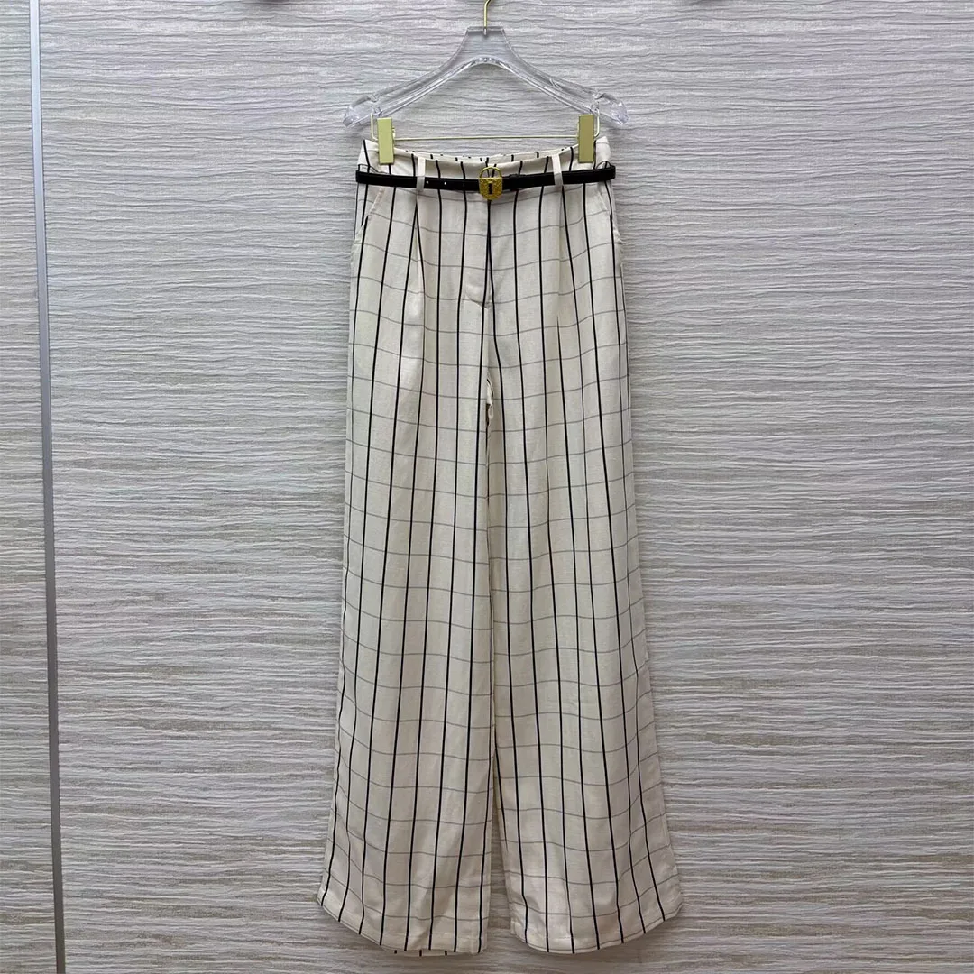 Old Money Style 55% Linen Wide Leg Pants Women High Waist Gold Key Leather Belt Plaid Pattern Casual Loose Vintage Trousers
