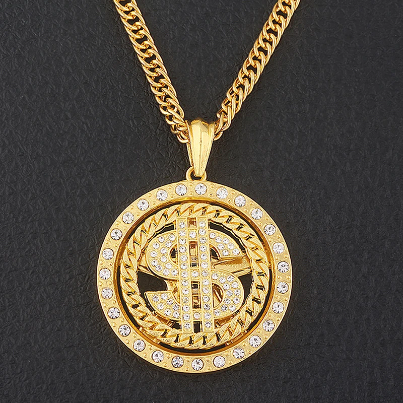 Rotatable US Dollar Money Sign Pendant Necklace Men Rapper Hip Hop Punk Long Chain Necklace Women Statement Necklace Gift