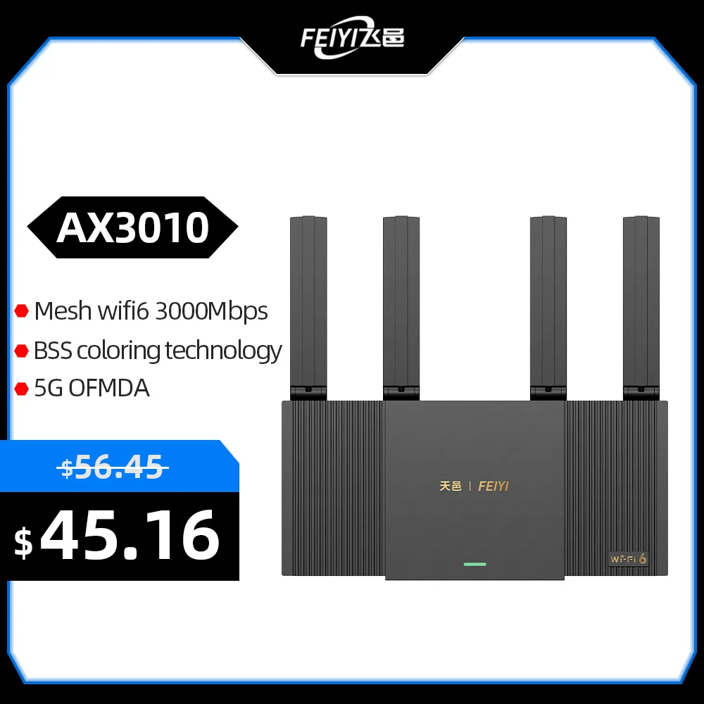 

FEIYI AX3010 WiFi 6+ Wifi Router Gigabit 2.4G 5.0GHz Dual-Band 3000Mbps Repeater Amplifier Mesh WiFi with 4 High Gain Antennas