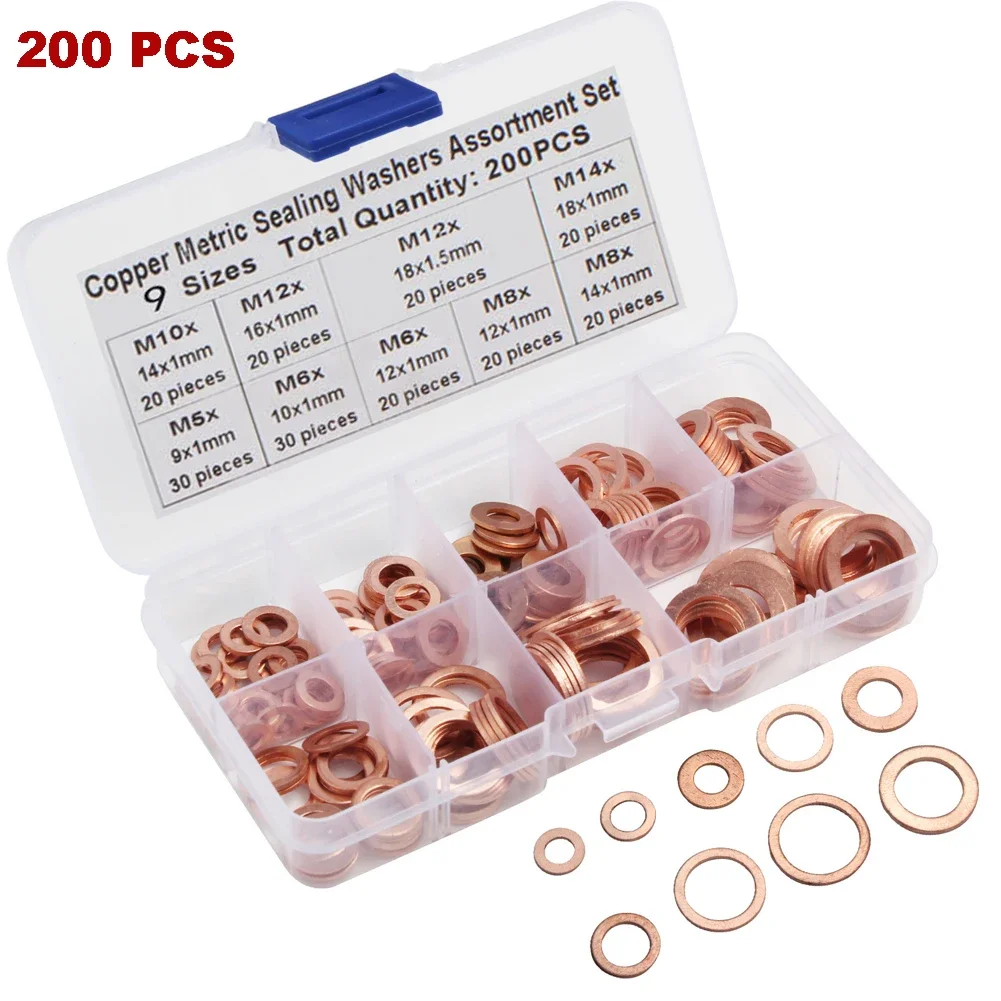 

200Pcs Copper Sealing Solid Gasket Washer Sump Plug Oil For Boat Crush Flat Seal Ring Tool Gasket Assorted Set Car Accessories