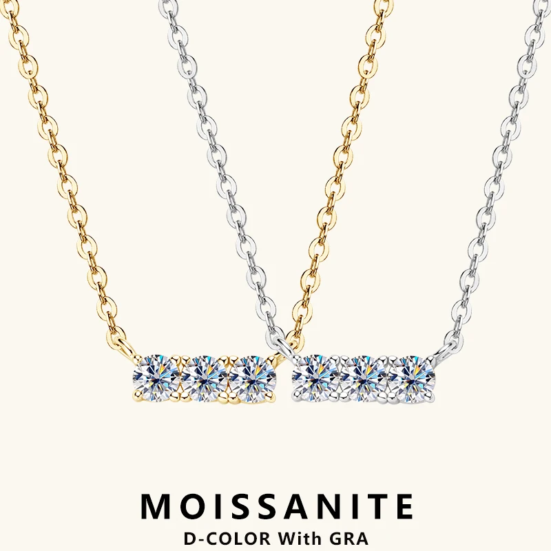 Naszyjnik Moissanite 925 srebrne trzy kamienne naszyjniki dla kobiet łańcuszek do obojczyka biżuteria Lnngy Collares Mujer 3mm