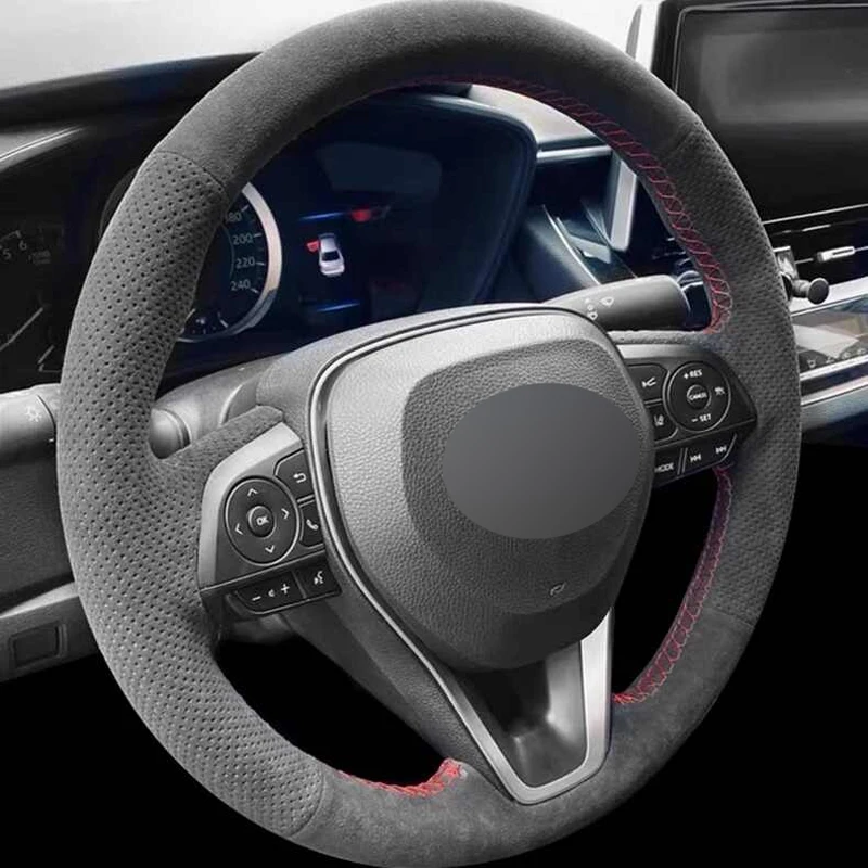 Genuine Leather Red Thread Hand Sewing Steering Wheel Cover for Alcantera Car Accessories for Toyota Corolla RAV4 Avalon R Camry