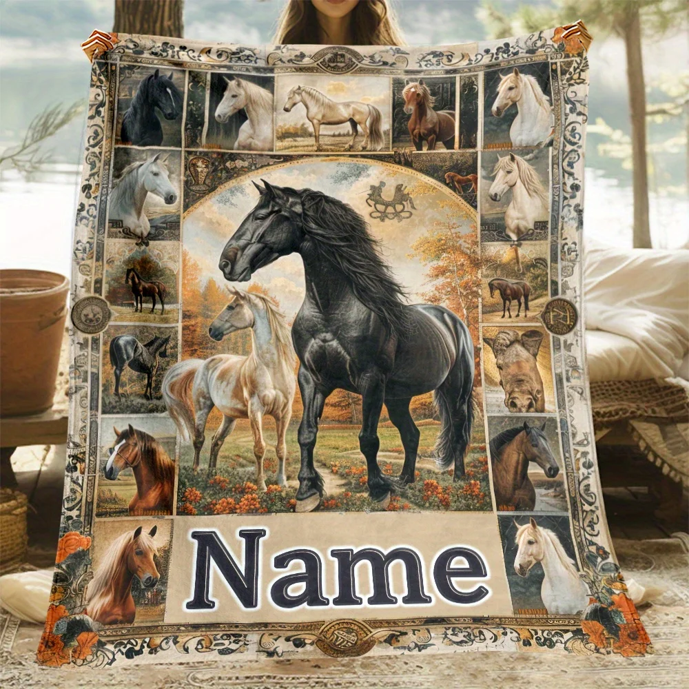 

1 customizable horse themed flannel throw blanket with personalized name - Text modern style, digital printing
