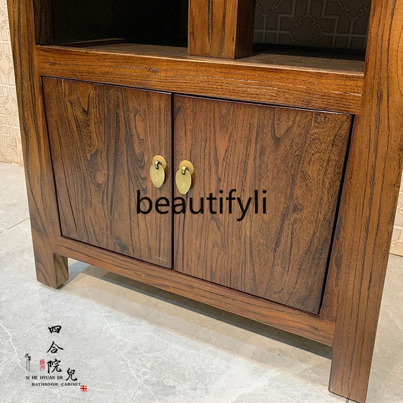 cn0420 مزيج خزانة حمام صينية من الدردار القديم مجموعة خزانة حوض الحمام المصنوعة من الخشب الصلب من الأرض إلى السقف