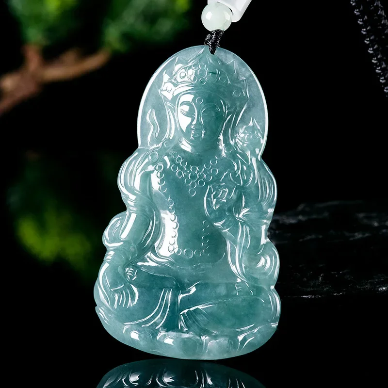Natural A-goods Jadeite Blue Water Touma Ice Jade Pendant Fashion Guanyin Men and Women Jewelry Jewelry Jade Necklace