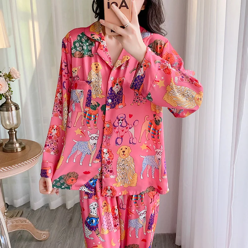 Female 2PCS Pajamas Set Long Sleeve Trouser Suits Sleepwear Pink Cartoon Nightwear Spring Summer Satin Pijamas Loose Home Wear