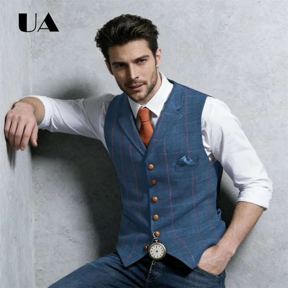 Blue Plaid Men's Waistcoat Wool-blend Plaid Fabric Chest Pocket Ideal for Formal Events, Wedding, Prom Party