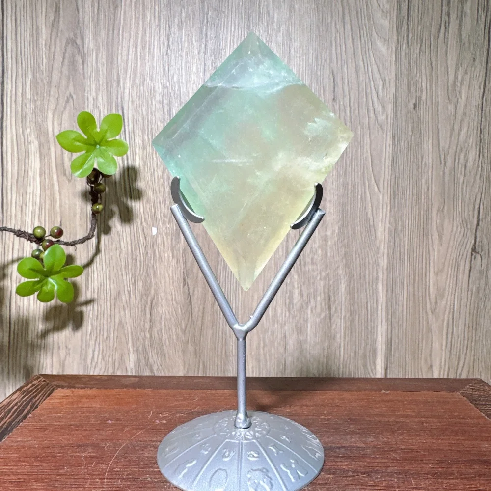 Natural Rainbow Suger Fluorite Green Fluorite Rhombus Shaped Ornaments Magic Mirror Diamond Crystal Handcraft Ornaments +Stand view 3