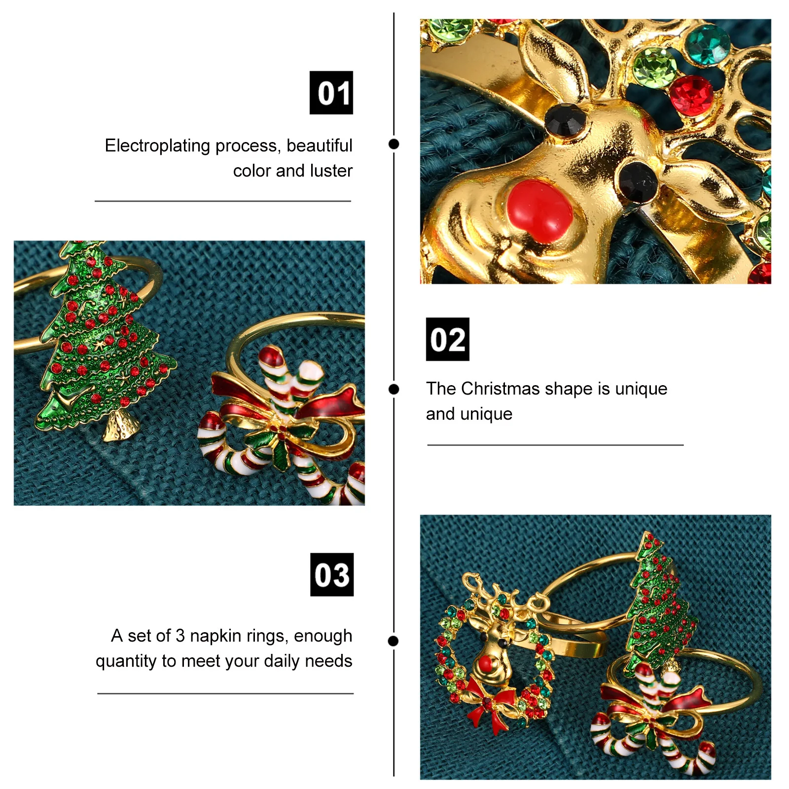 

3Pcs Napkin Rings Christmas Themed Rhinestone Alloy Elegant Napkin Holder Xmas Table Decor Wedding Party Dining
