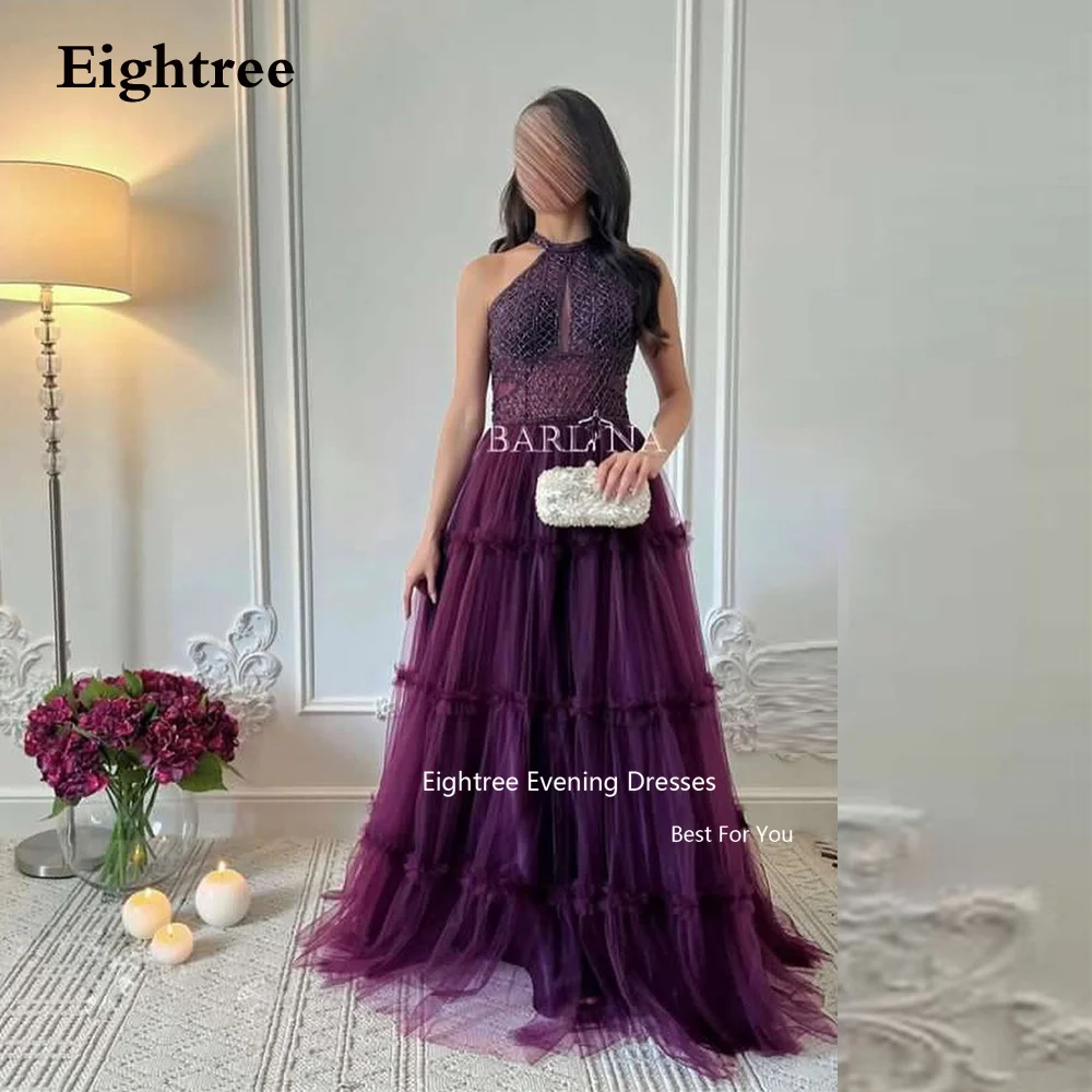 Eightree Purple Abendkleider Dubai Evening Dresses Tulle Halter Long A Line Vestidos De Festa Formal Occasion Dresses 2023