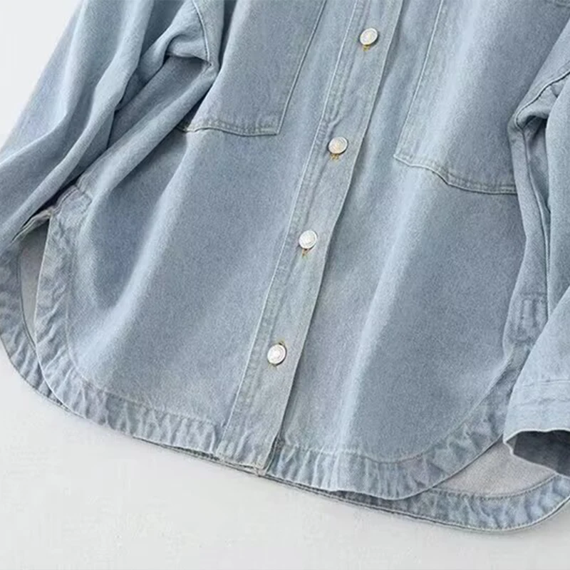 Willshela Women Fashion With Pockets Denim Solid Single Breasted Blouse Vintage Lapel Neck Long Sleeves Female Chic Lady Shirts