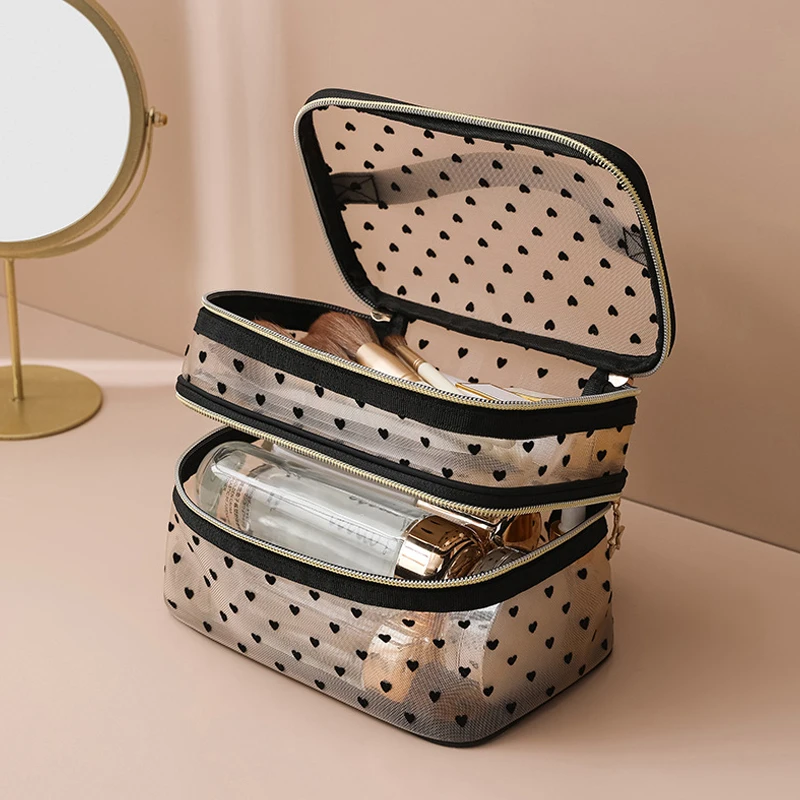 Women Toiletry Bag Double Layer Design Cosmetic Bag Large Capacity Mesh Cloth Makeup Bag Travel Essentials ​Cosmetics Organizer