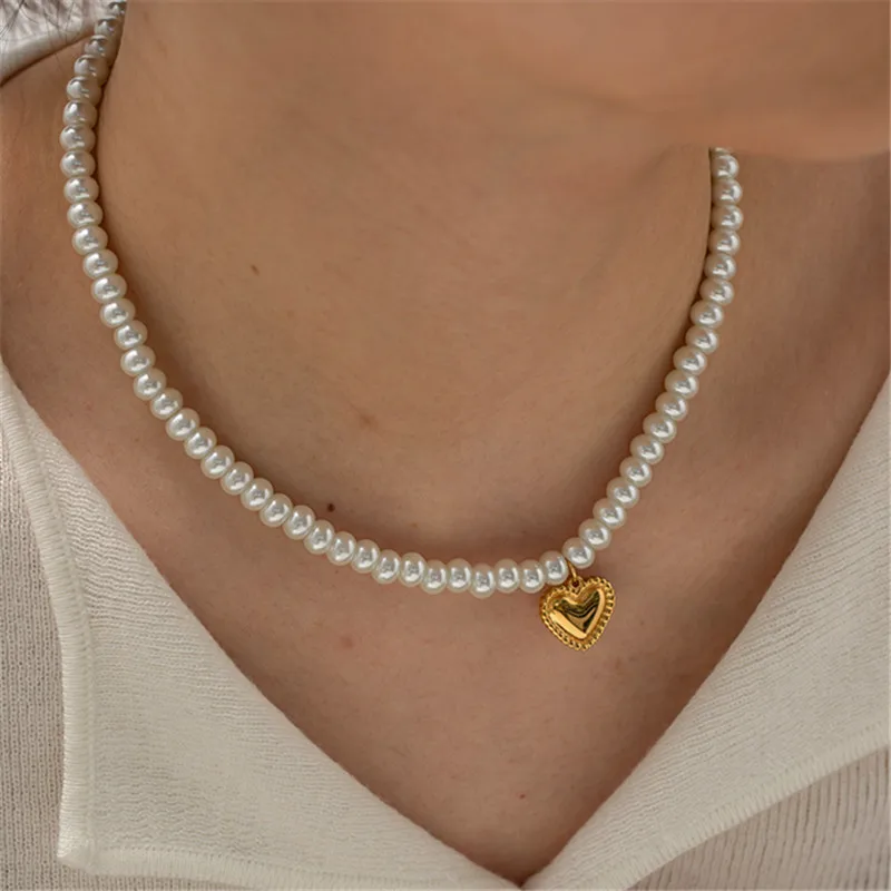 Natural Pearl Bead Chain Heart Pendant Stainless Steel Necklace 18K Gold Color Chain Waterproof Exquisite Jewelry Women Gift