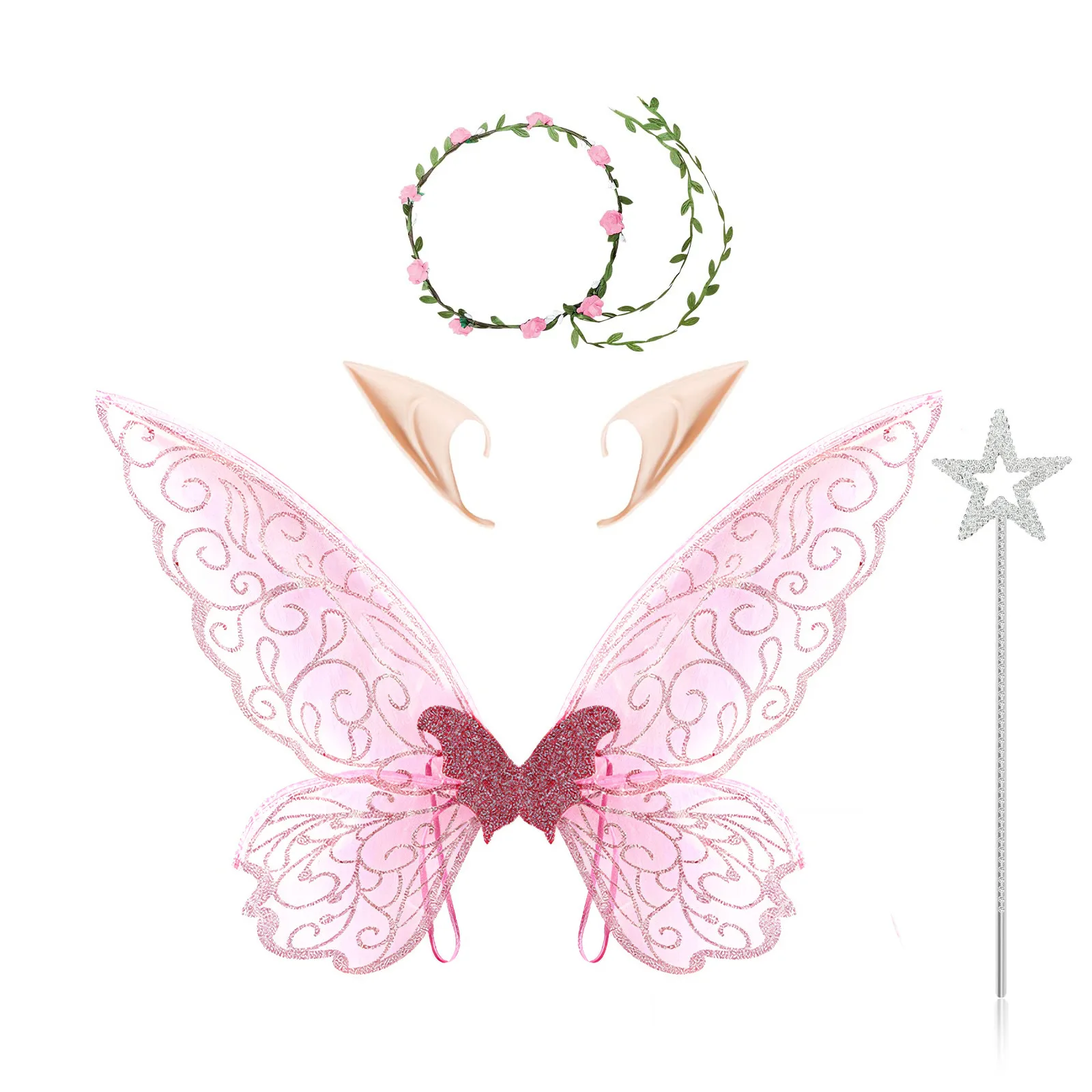 Women Girls Colorful Butterfly Wings Elastic Strap Fairy Wand Elf Ears Fake Leaf Headband Costume Set Props for Party Halloween