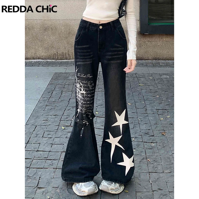 

ReddaChic Women Low Rise Graphic Jeans Lettering Print Star Whiskers Slim Fit Belt Denim Bootcut Pants Gothic Grunge Streetwear