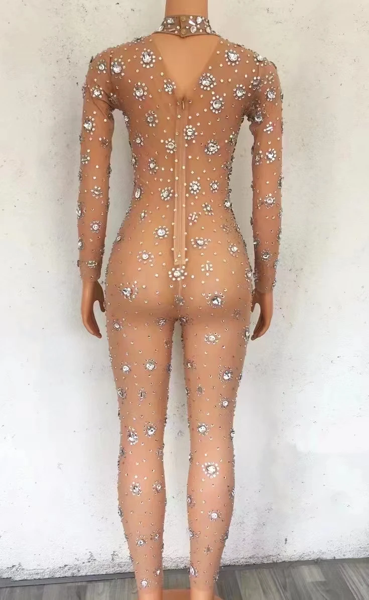 Luksusowe kryształy kryształ Mesh przezroczysty kombinezon dla kobiet urodziny świętować wieczór strój kobiet piosenkarka Show ubiór sceniczny