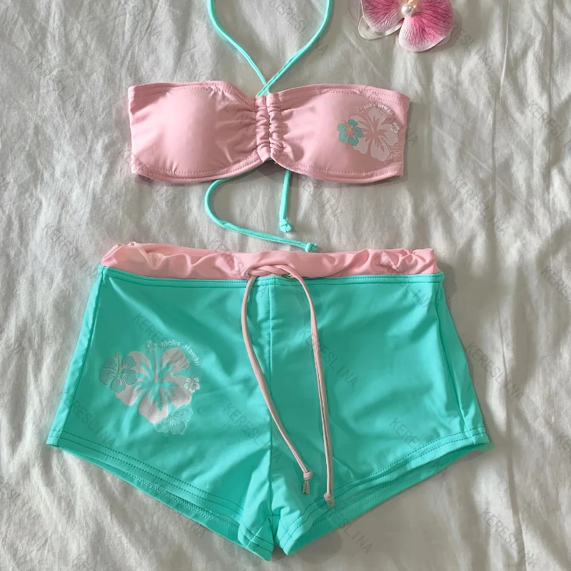 Y2k subculture retro millennium girls style hanging neck suspender bikini set summer beach kawaii classic comfortable bikini set