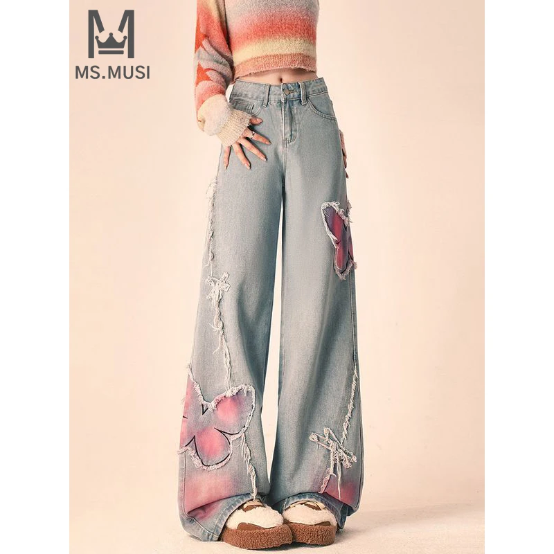 

MSMUSI 2024 New Fashion Designer Women Sexy Lady Butterfly High Waist Denim Pant Party Club Bodycon Jeans Flared Full Long Pant