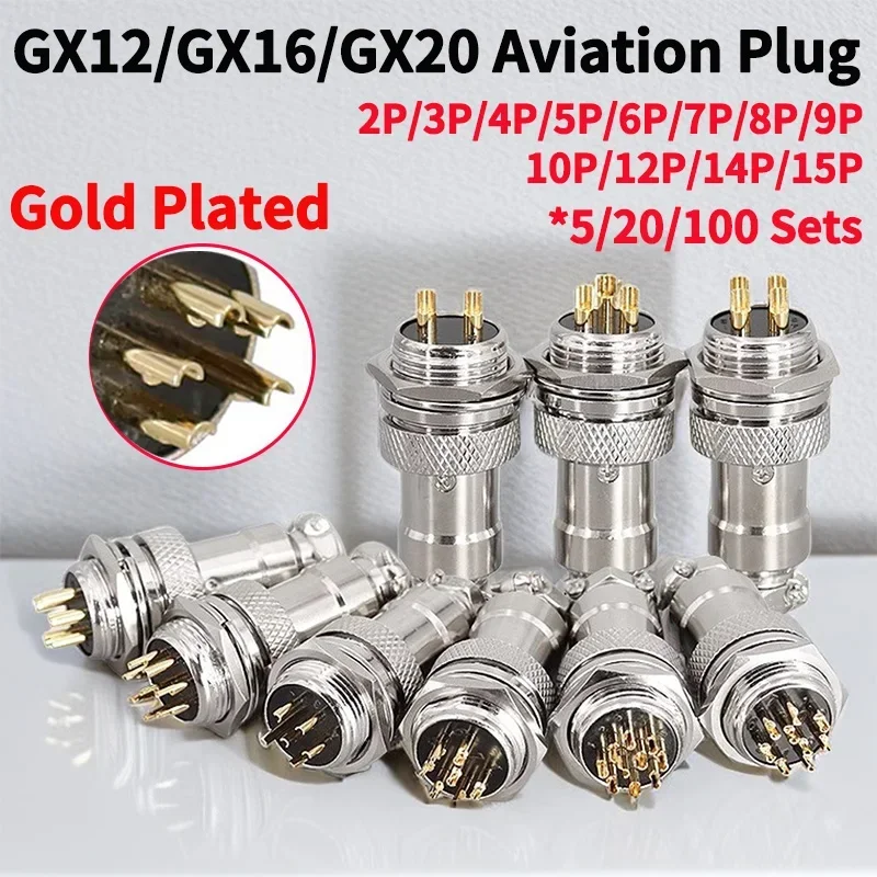 

5/20/100Set Gold Plated GX12 GX16 GX20 2 3 4 5 6 7 8 9 10 12 14 15 Pin Male&Female Docking Aviation Plug Circular Connector