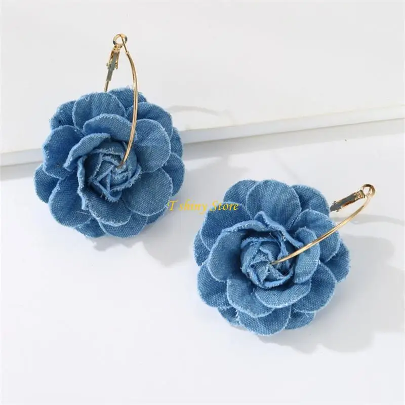 N58F Handmade Camellia Flower Earrings Lightweight Blue Floral Long Eardrop Accessory