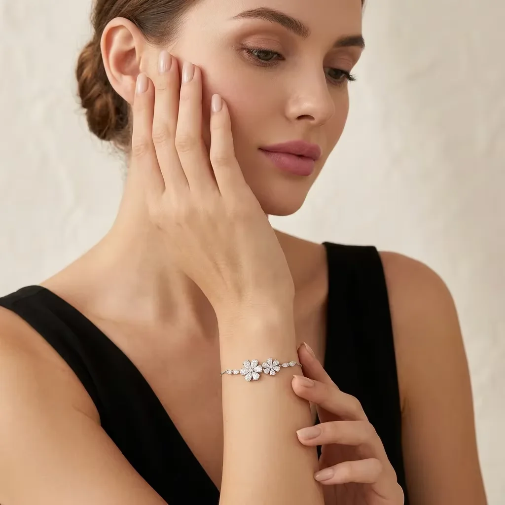 S925 Sterling Silver D‑Color Flower Moissanite Bracelet, Adjustable Fashion Wrist Jewelry for Women Party Daily Wear Gift