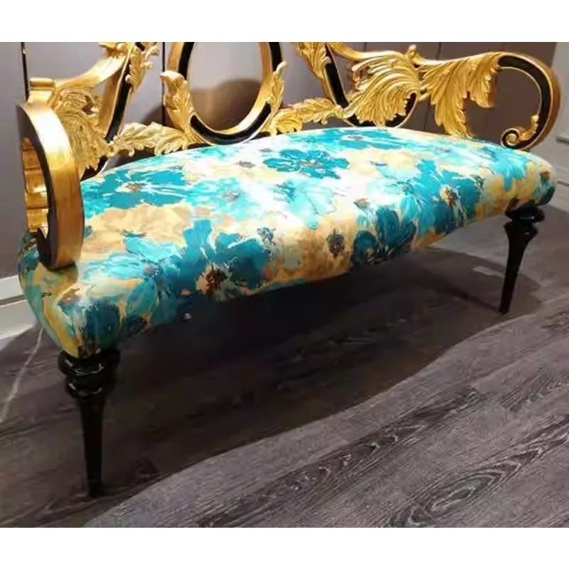 European style bedside stool, leather bed bedside stool Neoclassical solid wood carving flower gold shoe changing stool furnitur