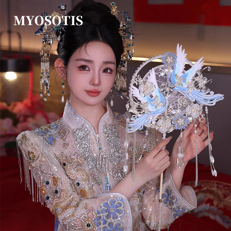 

Blue Lace Bride Wedding Xiuhe Round Fan New Chinese Double-Sided Face Covering Crane Phoenix Handle Fans