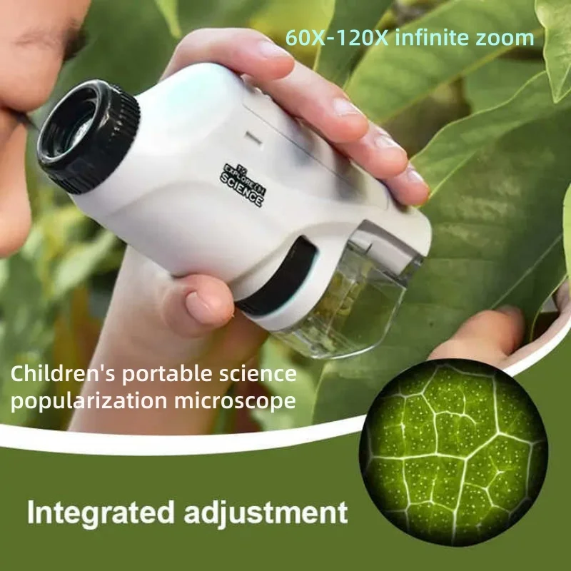 Handheld Biological Microscope for Children, Educational Toys, Birthday Gift, LED Light, 60X-120X