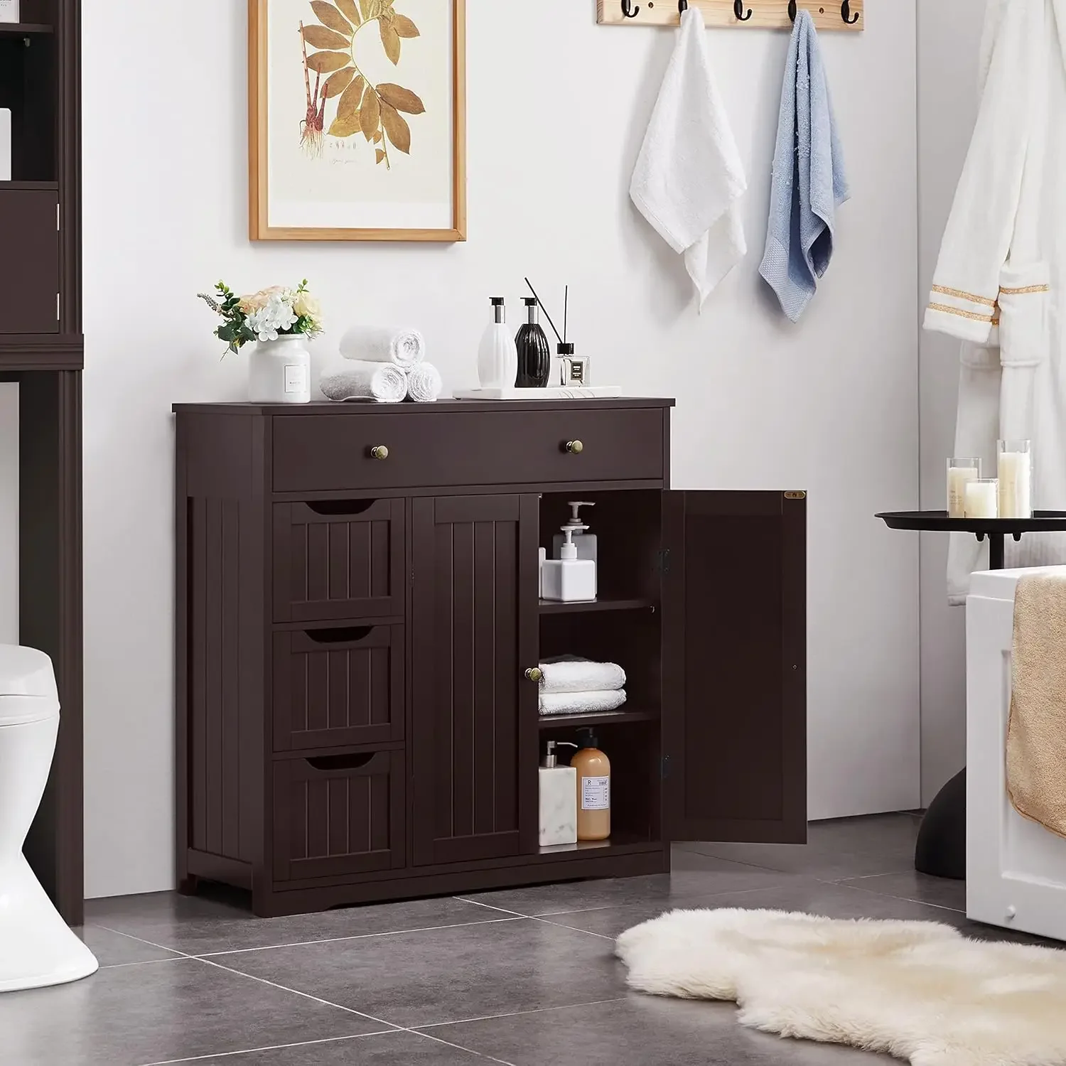 Bathroom Floor Cabinet, Large Storage Space Wooden Organizer with 1 Big Drawer, 3 Small Drawers & 2 Doors,Free-Standing Cupboard