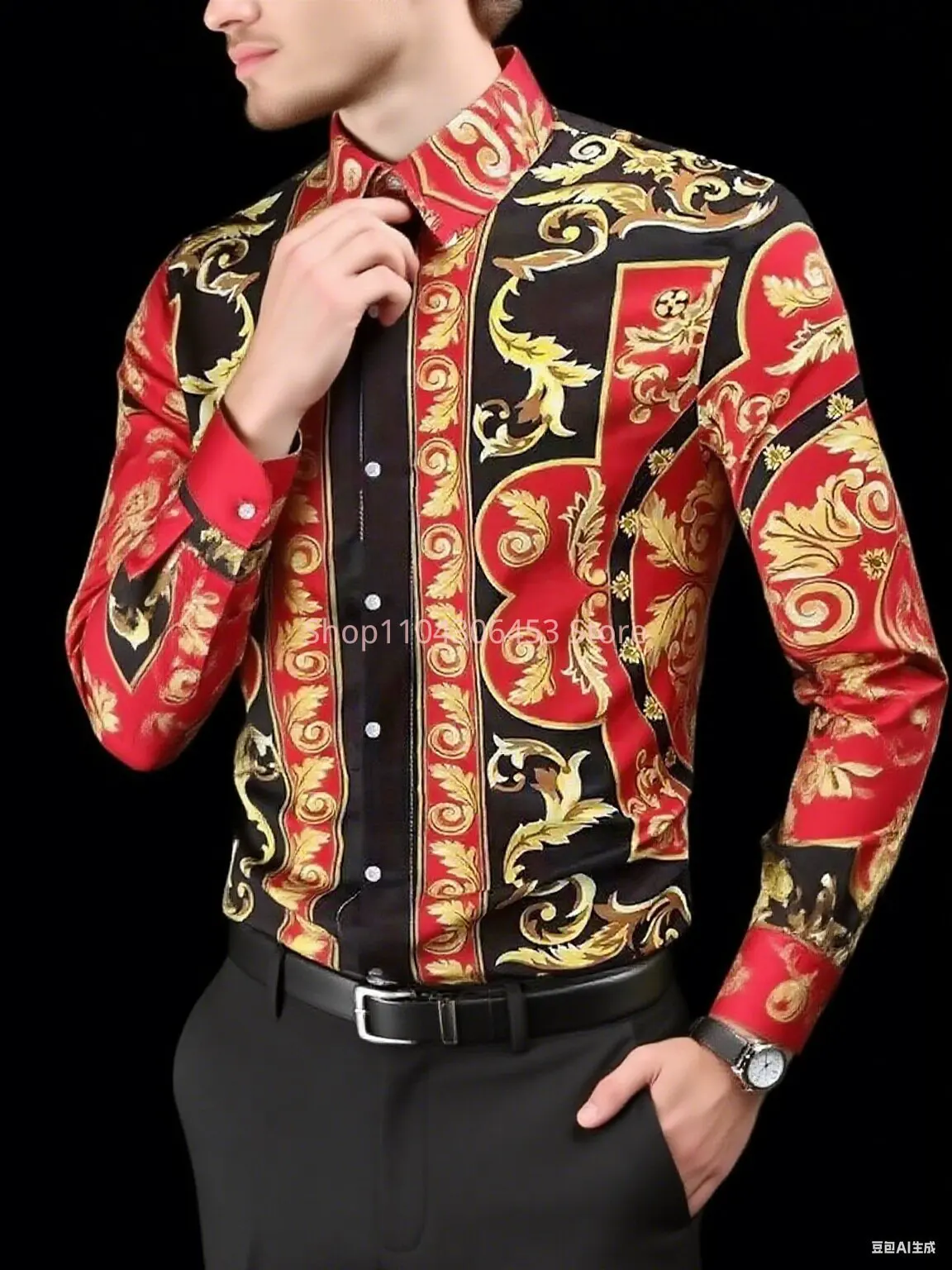 Men's European Court Teng Man 3D Printed Shirt High-end Lapel Long Sleeve Casual Business Fashion Party Shirt Outdoor Clothes