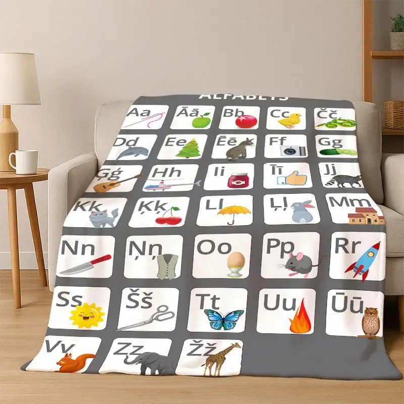 Alphabet ABC Early Education Cartoon Flannel Blanket Soft Warm Blanket Throw Blanket for Bedroom Living Room Bed Travel Camping