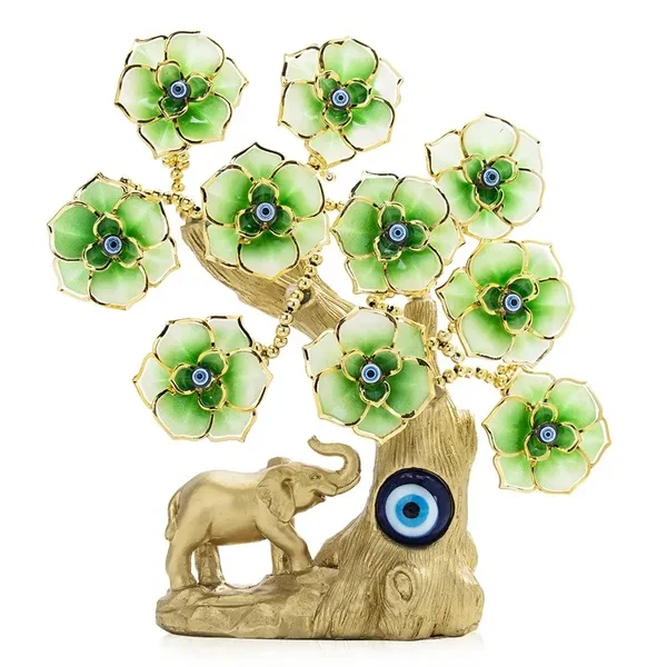 Resin Turkish Blue Evil Eye Tree 10 Green Flowers Money Fortune Tree Protection Good Luck Gift Decor