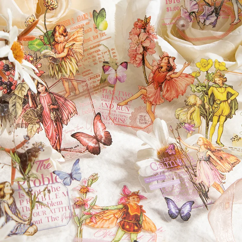 

30 pcs per lot PET stickers cute literary transparent flower fairy elf material decorative handbook collage stickers 8 types