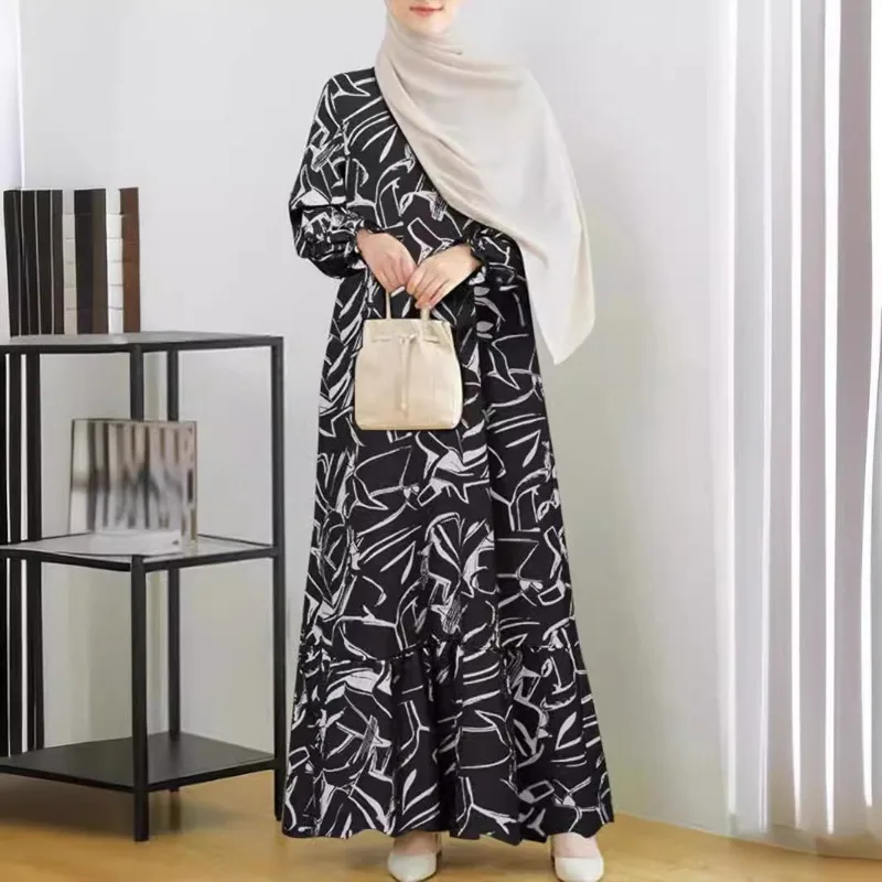 

2024 Muslim Women Dress Middle East Fashion Robe Long Sleeve Geometric Print Flounce Abaya