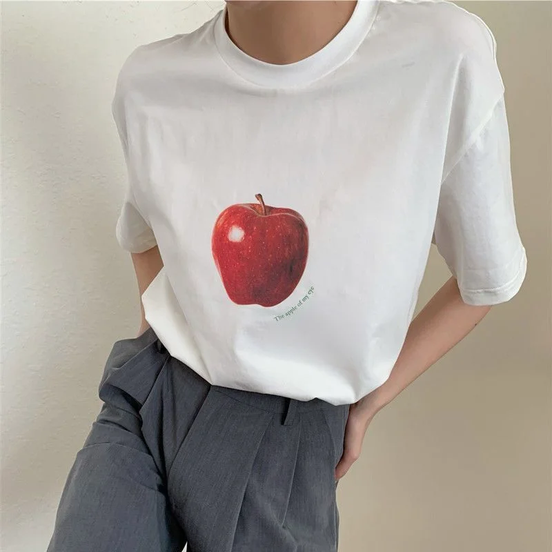 Korean new style fruit print T-shirt women round neck short sleeved loose French loose casual niche versatile tops T-shirt trend