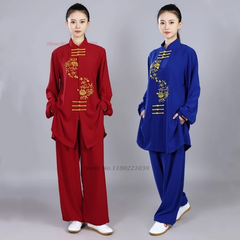 

2025 chinese kung fu tai chi training exercise practice martial arts wushu traditional flower embroidery sports tops+pants set