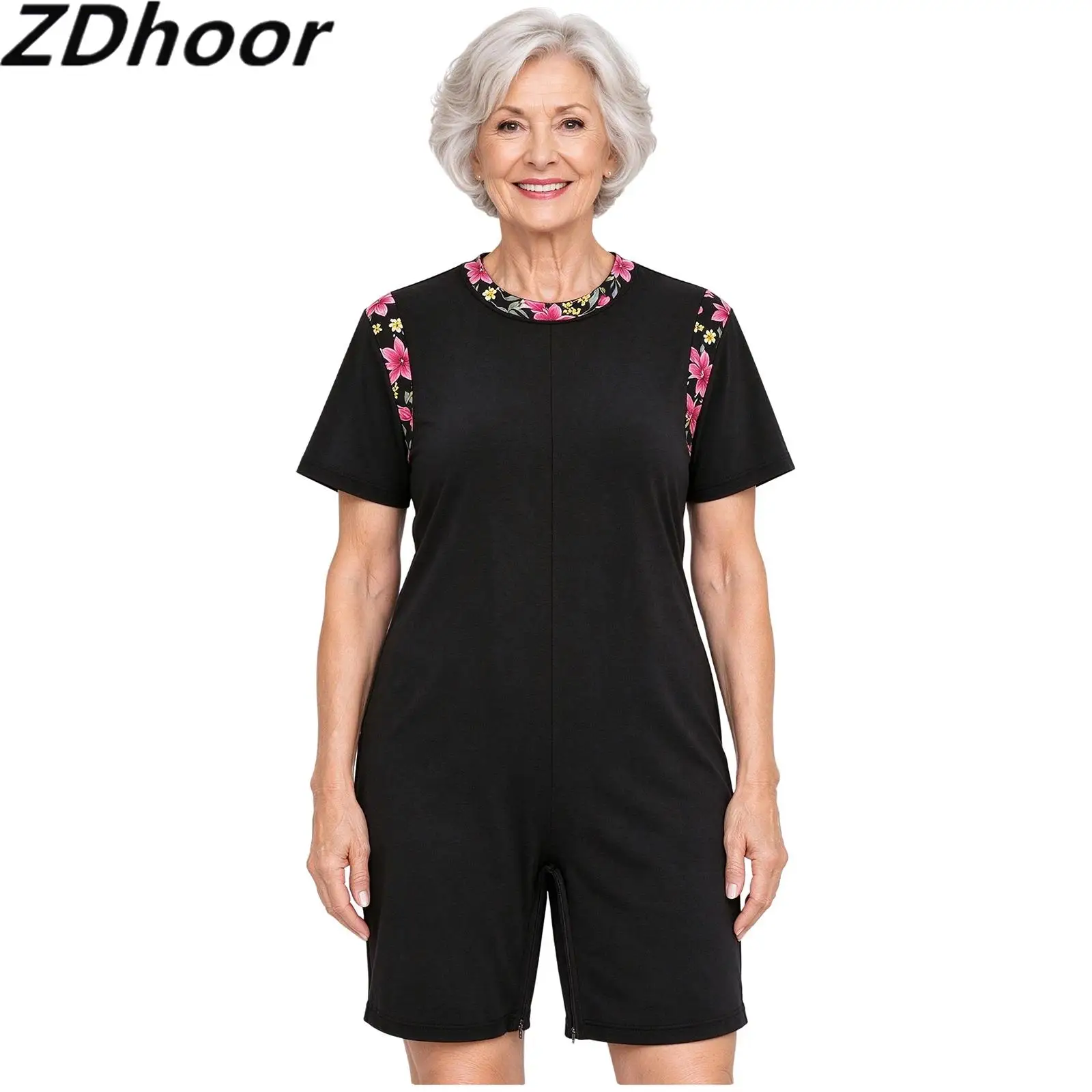 Women Adaptive Jumpsuit Floral Print Patchwork Bodysuit Short Sleeve Anti-strip Zipper Back Crotch Rompers for Special Needs