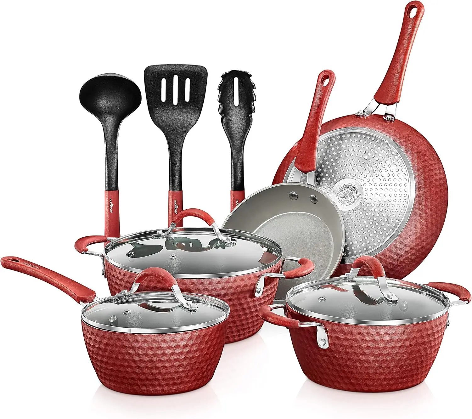 

11-Pcs Non-Stick Kitchenware Pots & Pans - Stylish Kitchen Cookware Set w/Elegant Diamond Pattern, Gray Inside & Red Outside