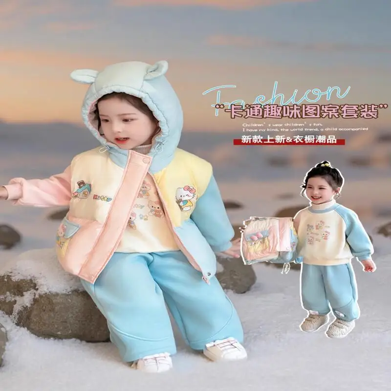 

Sanrio Hellokitty Kid Plush Vest Bottoming Shirt Pant 3pcs Kawaii Y2k Anime Children's Clothing Coat for Boys Sets Clothes Girl