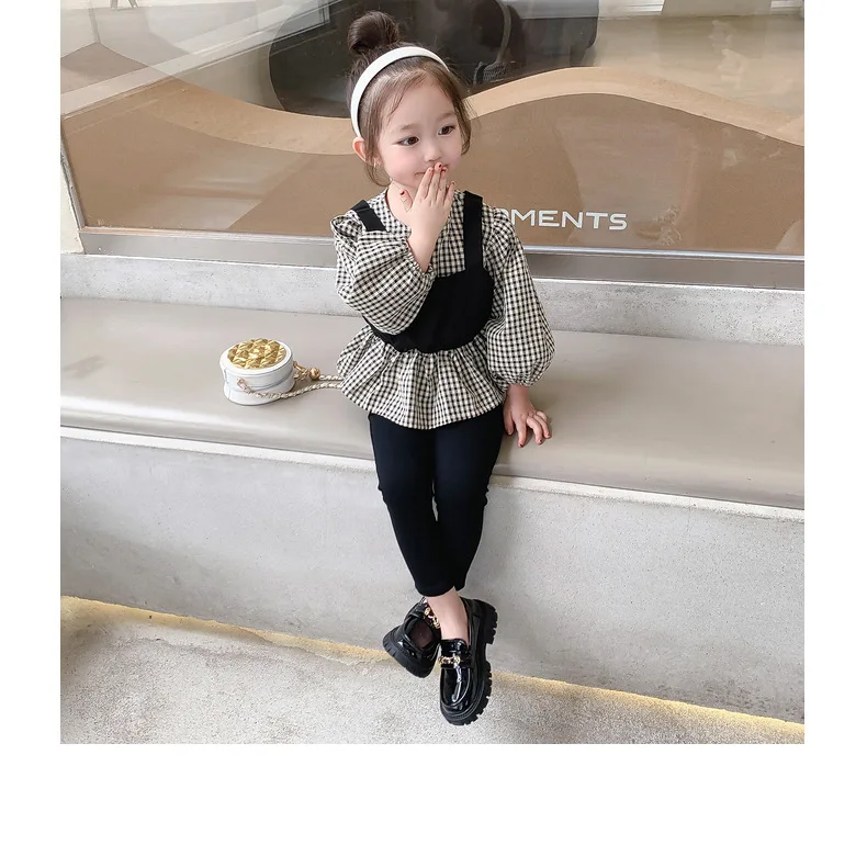 Girls\' spring  autumn clothes 2023 new children\'s long-sleeved plaid fake two-piece  shirts + leggings two-piece suit