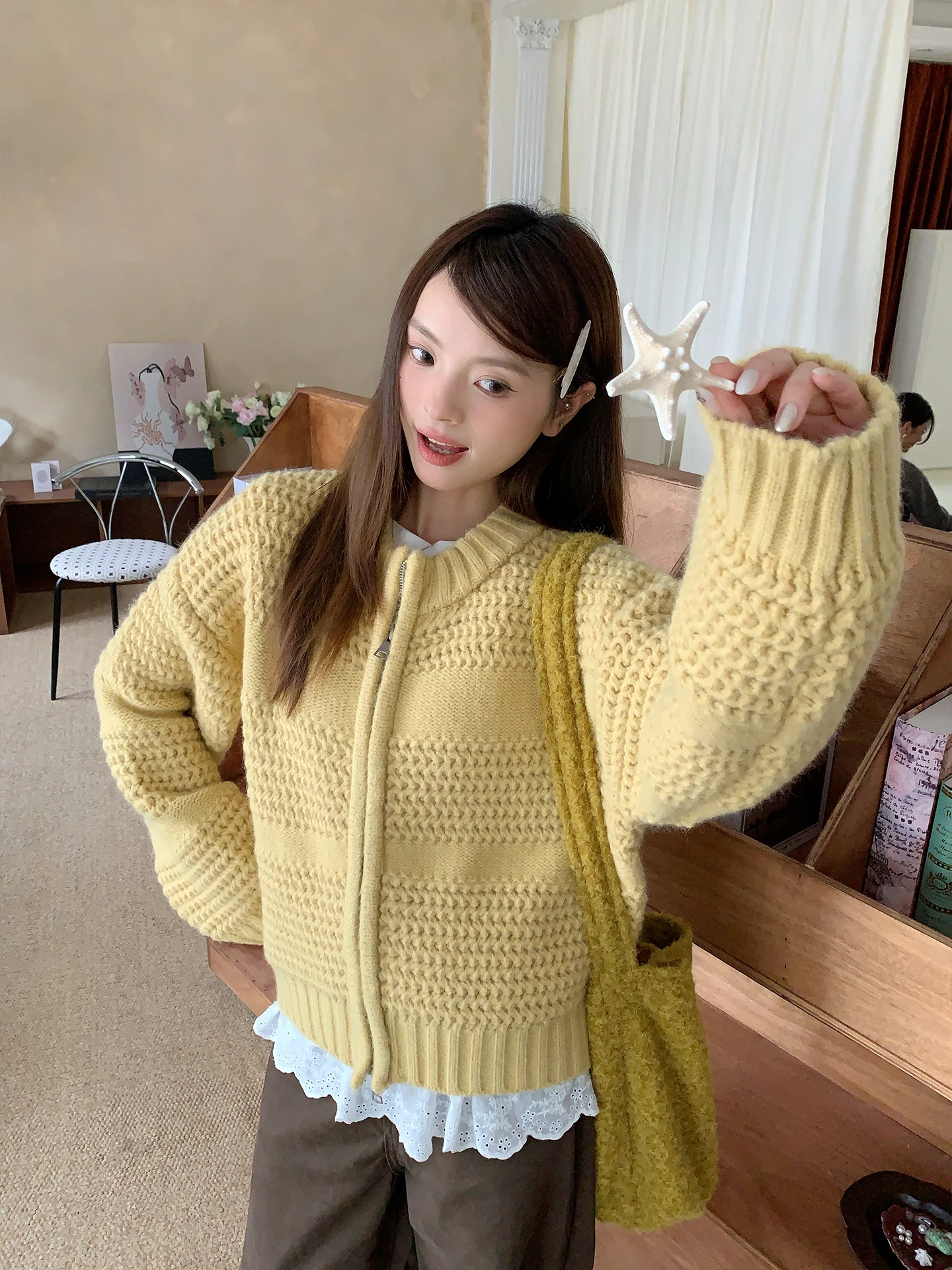 

Корейский вязаный свитер-кардиган FAN для женщин, осенне-зимний, свободный, универсальный, с двойной молнией, круглым вырезом, без застежки