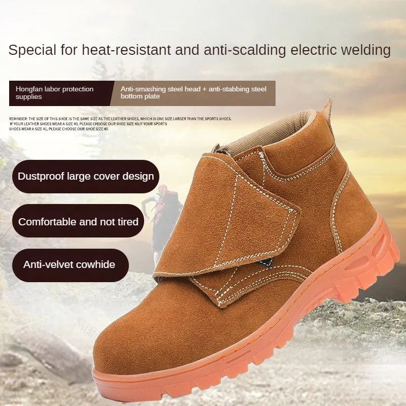 Men Women Steel Toe Welding Safety Shoes Suede Cowhide Dustproof Cover Velcro Anti Puncture Heat Resistant Work Footwear Shoes
