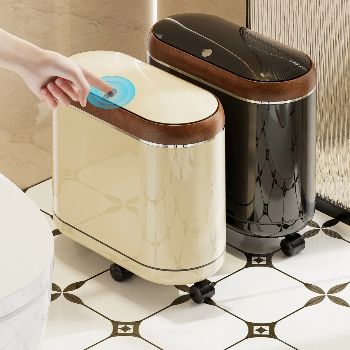 

1pc Household Bathroom Press Trash Can Premium Large Capacity Living Room Slim Narrow Gap Lidded Trash Bin with Wheels