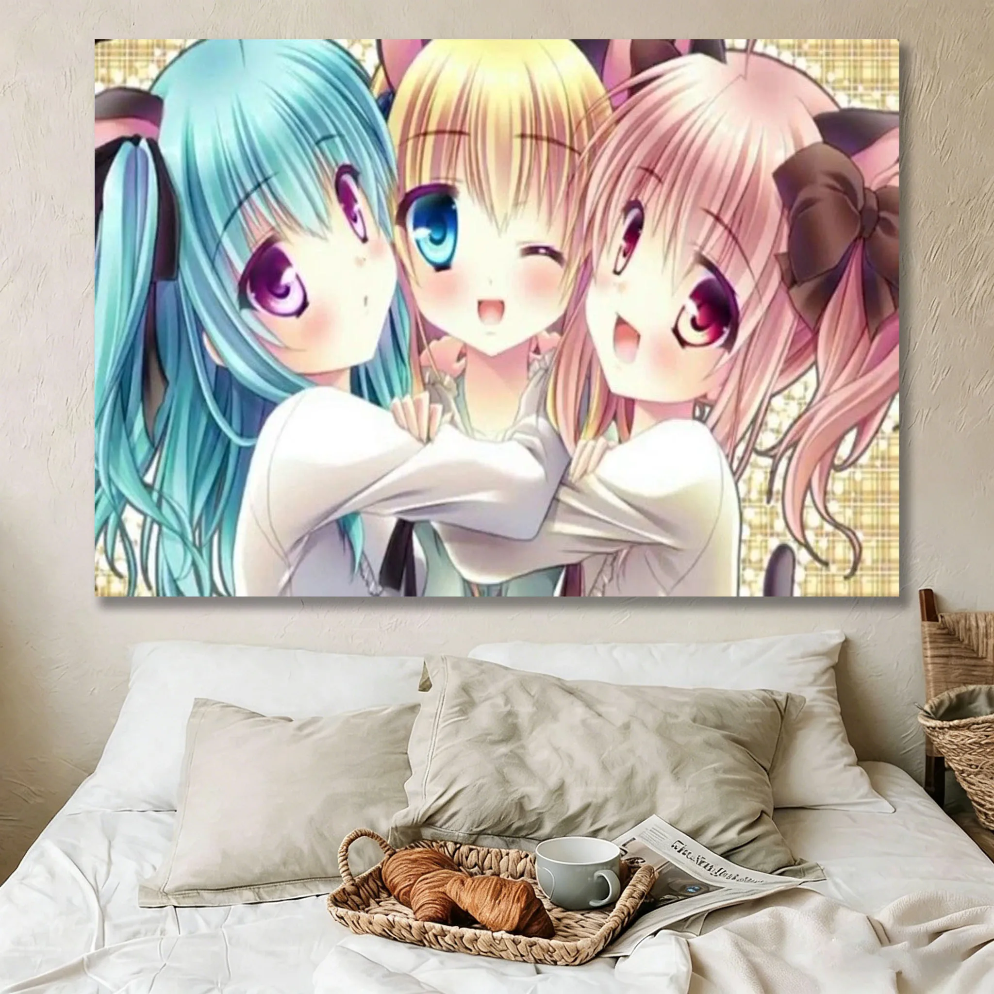 Neko Friends Moe 2000s Tapestry, Galgame Old Web Gothcore Tapestry, Neko Anime Girl Bedroom House Dorm Tapestry, Room Decoration
