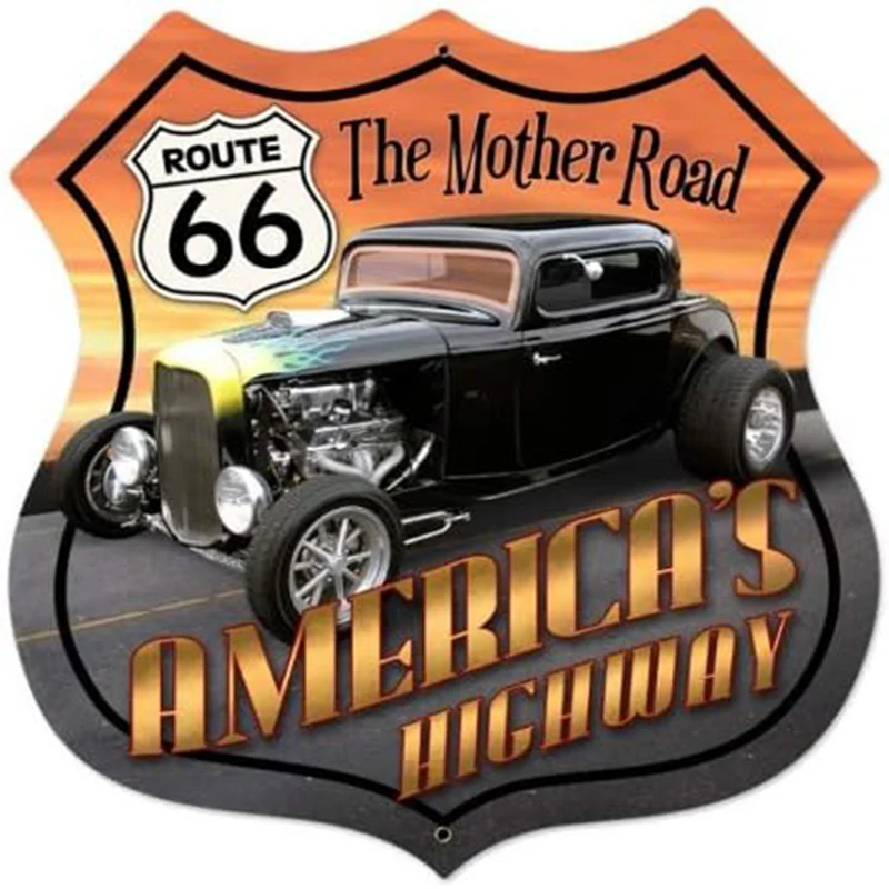 Route 66 The Mother Road Hot Street Rod Shield Metal Tin Signs Wall Decor for Garage Bars Man Cave Cafe Clubs Home Retro Posters